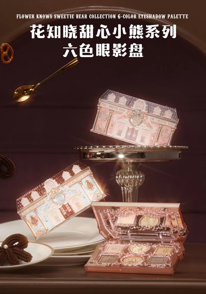 Flower Knows The Sweetie Bear Collection Eyeshadow Palette 6 Colors Glitter Matte Natural Bronzer Multi Use Kawaii Makeup