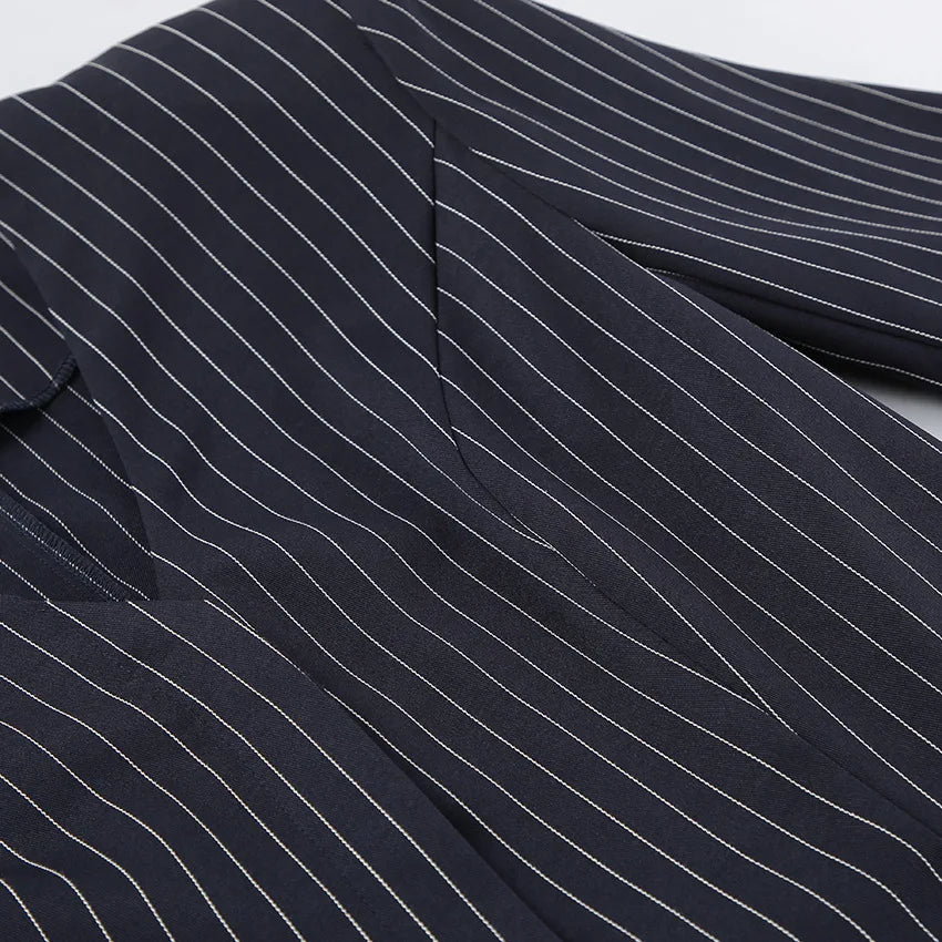 Women's Matching Sets 2026 Woman Navy Blue Striped V-neck Waist Small Suit Top Short A-shaped Skirt Women's Two-piece Set