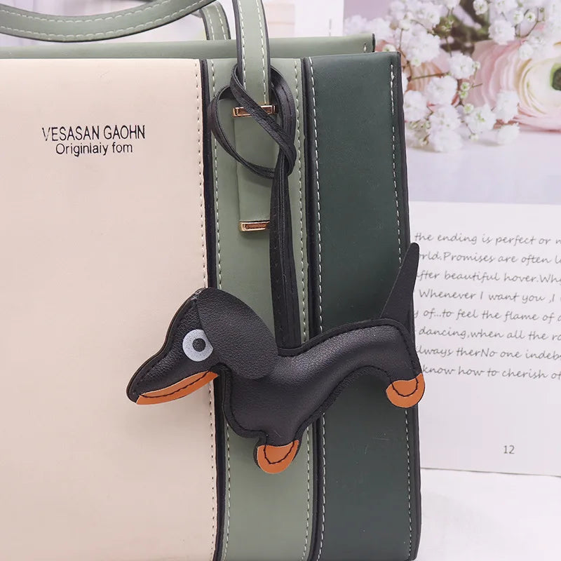 Cute Dachshund Bag Pendant PU Leather Puppy Dog Keychain Sweet Girls Women Bag Phone Pendant Trinket Car Key Ring Gift
