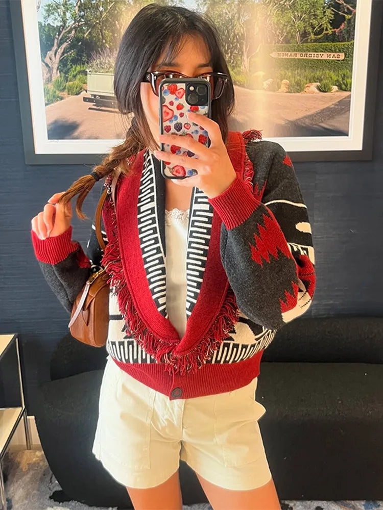 Women's Print Fringe Knitted Vest Coat Fashion Sleeveless Tie Waist Pocket Cardigan Sweater Lady 2025 Autumn Casual Outerwear