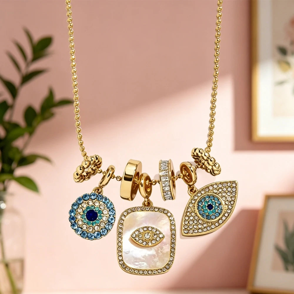 Evil Eye Charm Necklace 18K Gold Plated Stainless Steel Pendant For Women DIY Handmade Christmas Jewelry Gift For Women