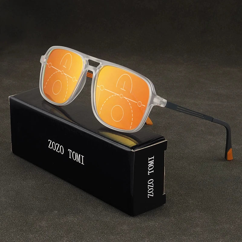 Progressive Multifocal Reading Glasses Intelligent Zoom Anti Blue Light Eyewear Alloy Temples Square Clear/Red Coating Glasses