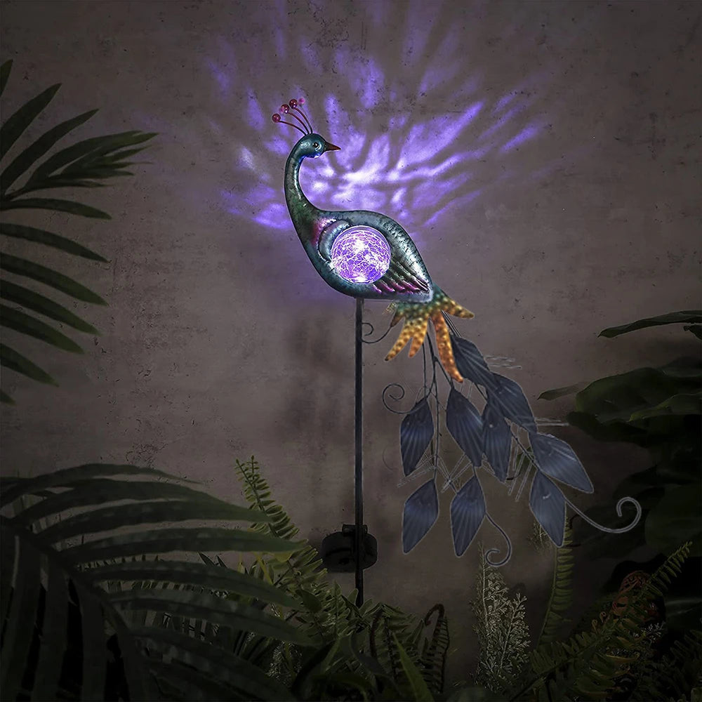 1pc Peacock Solar Garden Light, Solar Landscape Lights Metal Solar Pathway Stake Lights with Crackle Glass Ball Decor Lights