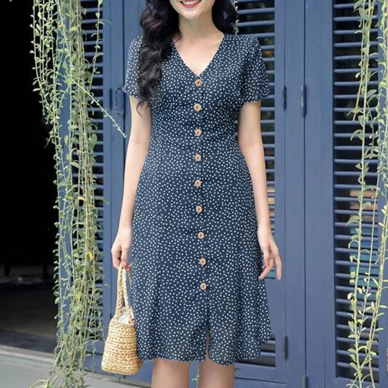 ZANZEA Women Summer Casual Dress 2025 Short Sleeve Polka Dot Bohemian Holiday Sundress V-Neck Loose Buttons Beach Vestidos Robe