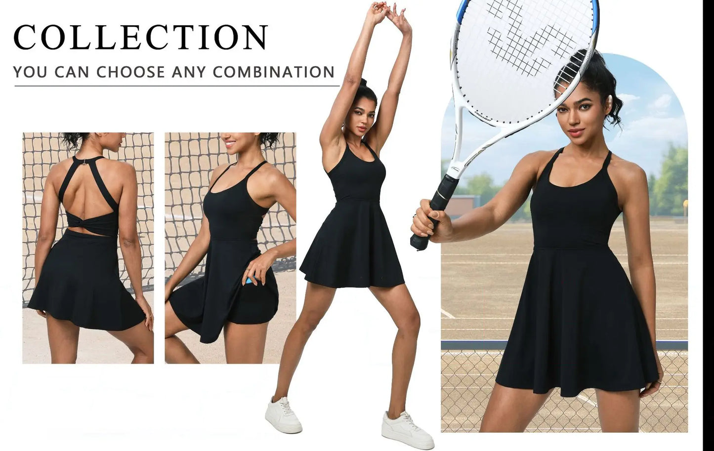 Summer Women Sexy Backless Tennis Dress Sleeveless A-lined Athletic Dress Built-in Bra & Shorts Ladies Elastic Workout Skirts