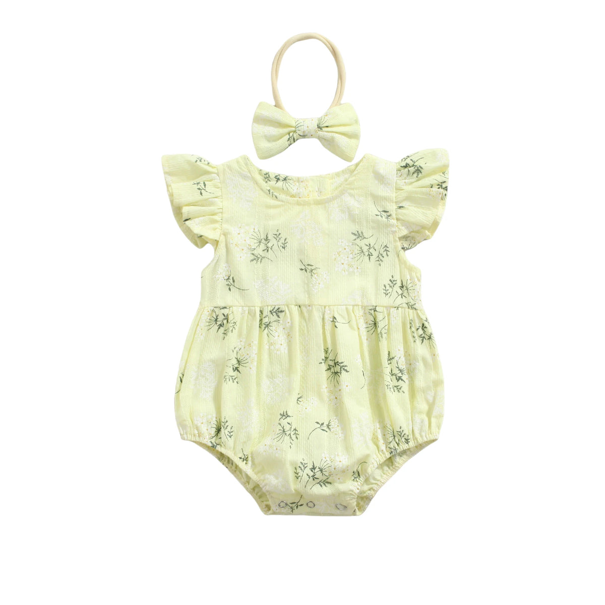 Baby Romper with Hairband Kids Floral Print Round Neck Fly Sleeve Bodysuit+ Headband for Summer Blue/Yellow 0-24 Months
