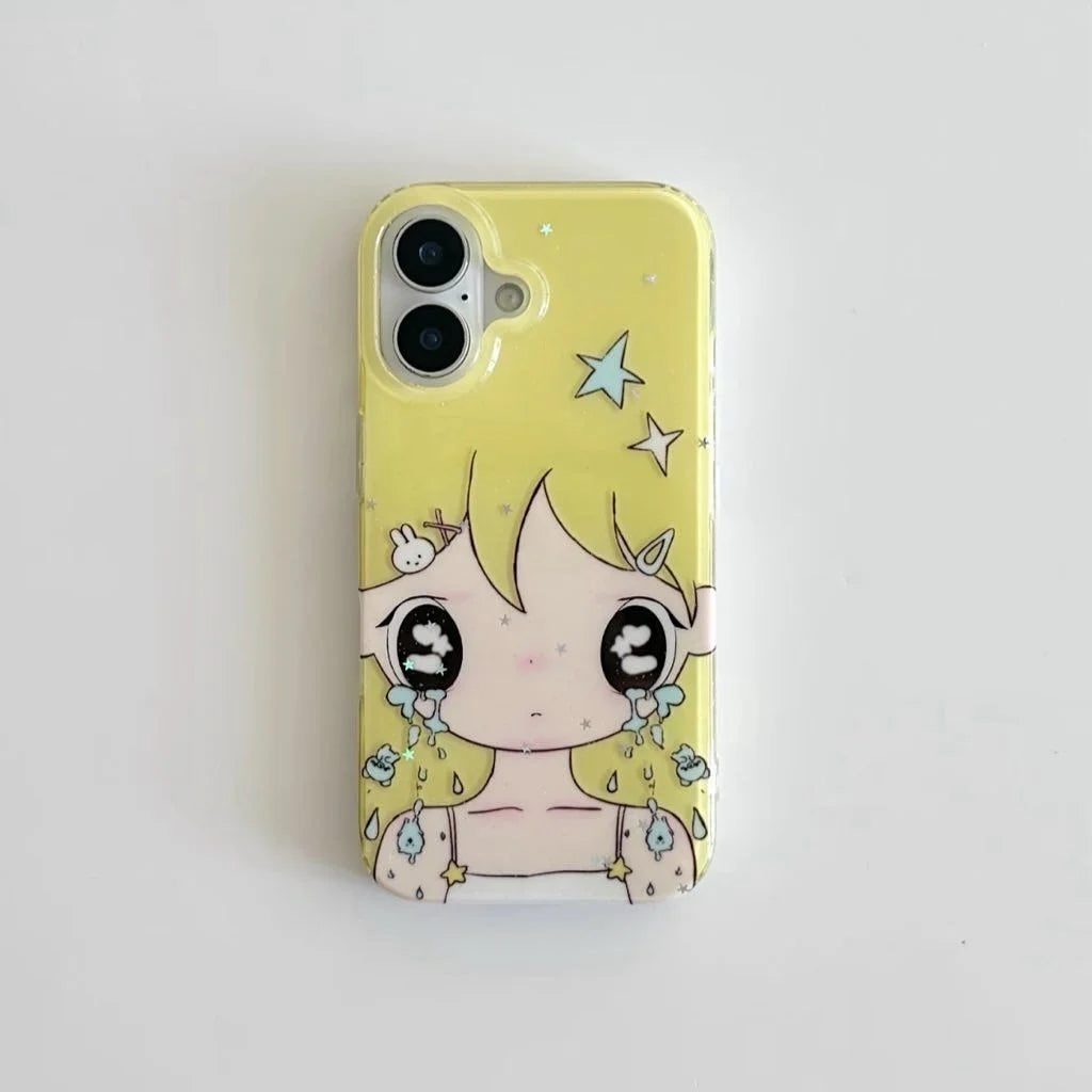 Cartoon Anime Girl Phone Case for iPhone 17 16e 16 15 14 13 12 11 Pro Max X Xs XR XSMax 8 7 6 6s Air Plus Feather Texture