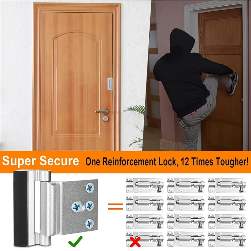 FULL-2Pack Home Security Door Reinforcement Lock Security Door Locks Home Prevent Unauthorized Entry Forkids Safety Silver