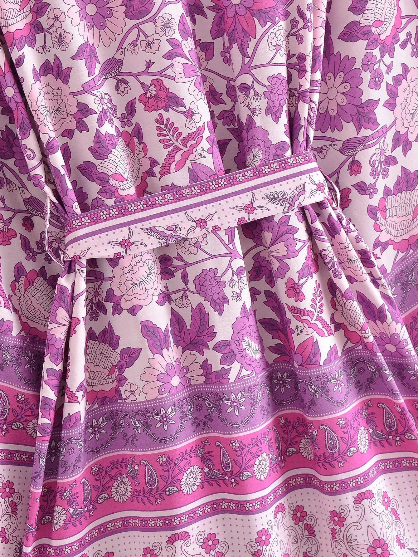 BOHO Women Blue With Pink Flower Print Kimono Shirt Holiday Tide Bow Sashes Mid Long Cardigan Summer Blouse Beach Cape