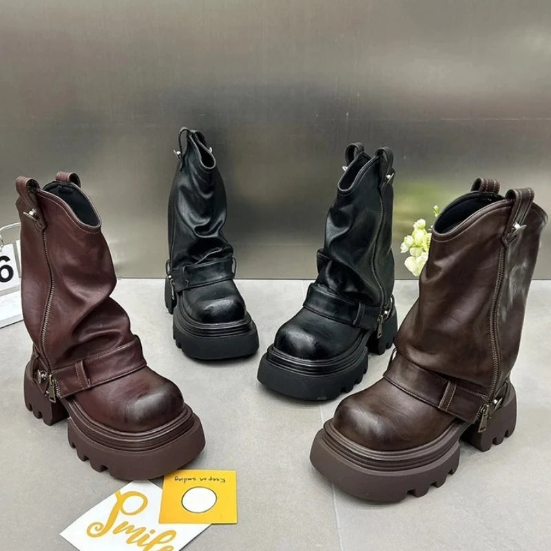 Designer Vintage Women Ankle Boots Fashion Slip On Knight Short Booties Ladies Casaul Platform Heels Botas Mujer