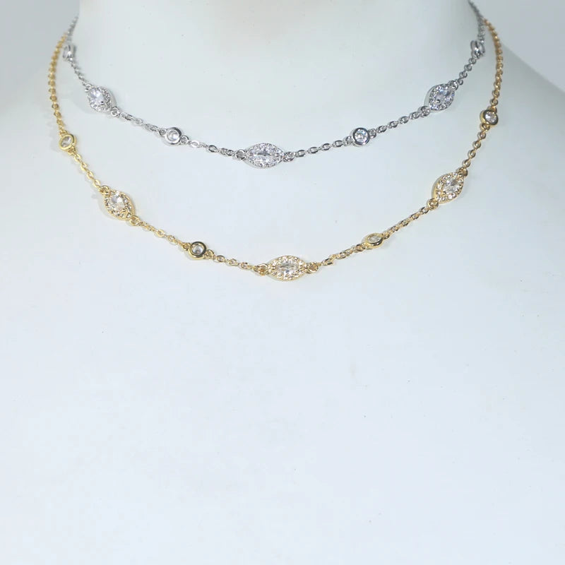 New Fashion Trendy Women Jewelry Micro Paved Geometric Round Marquise CZ Charm Link Station Chain Choker Y Lariat Necklace