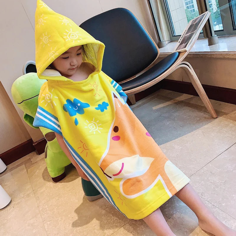 60-120cm Kids Hooded Bath Beach Poncho Towels Baby Quick Dry Bathrobe Child Cartoon Cloak Poncho Towels Microfiber Swim Cover-up
