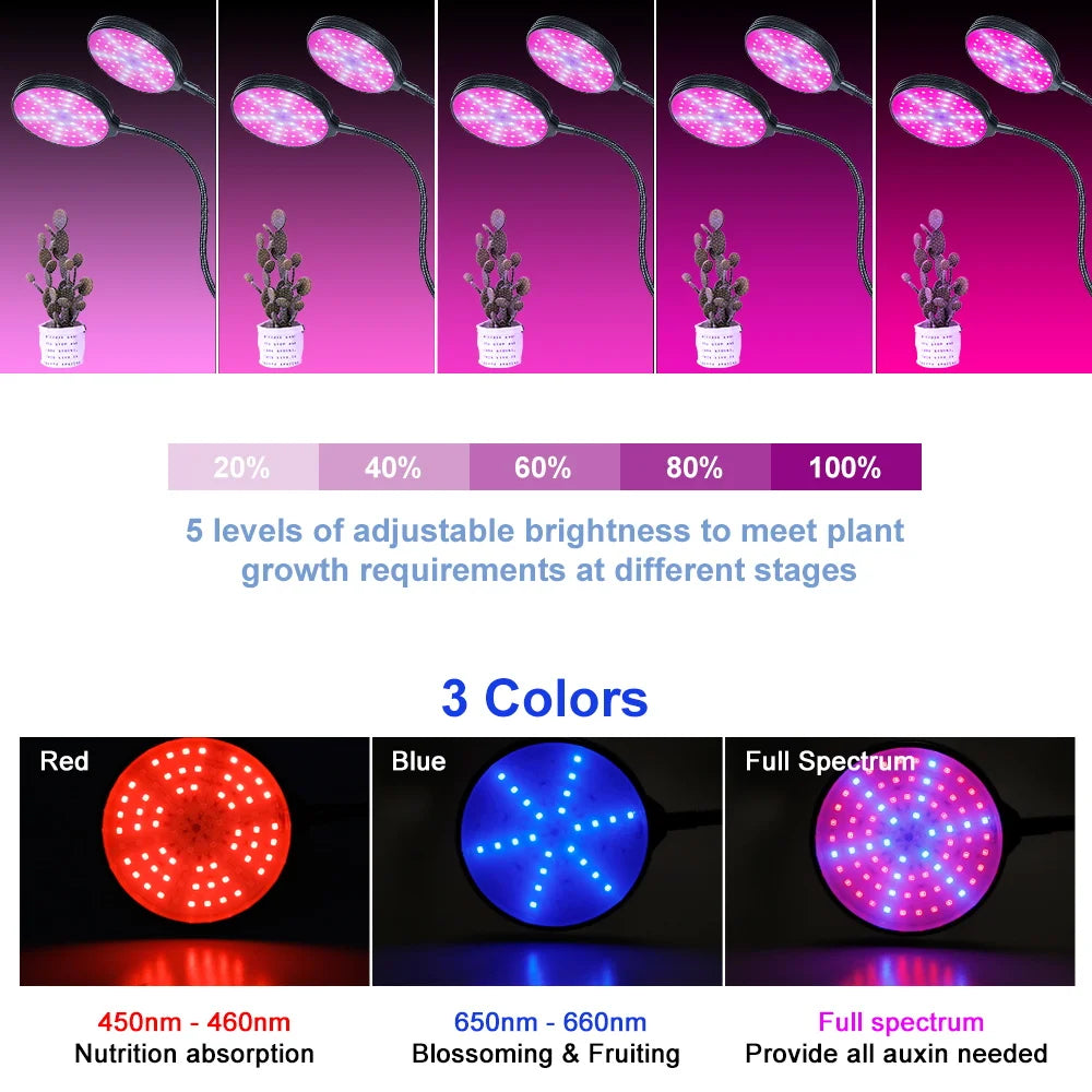 LED Grow Light Full Spectrum Dimmable With Timing Auto On/Off USB 5V Waterproof Plant Hydroponics Cultivation Lamp 1/2/3/4 Heads