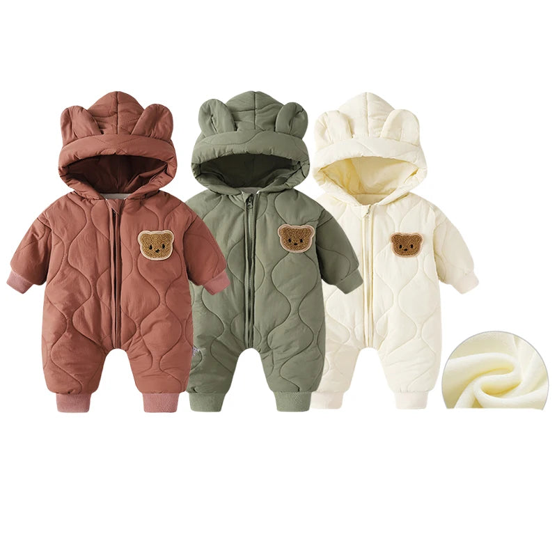 2026 Spring Autumn Hooded Infant Newborn Baby Rompers Fleece Padded Cartoon One-pieced Outdoor Outfit for Baby Boys Girls