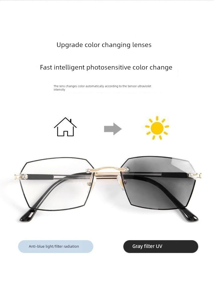 Frameless Business Color-Changing Reading Glasses Men Middle-Aged and Elderly HD Anti-Blue Ray Radiation Indoor and Outdoor Dual-Use Presbyopic Glasses