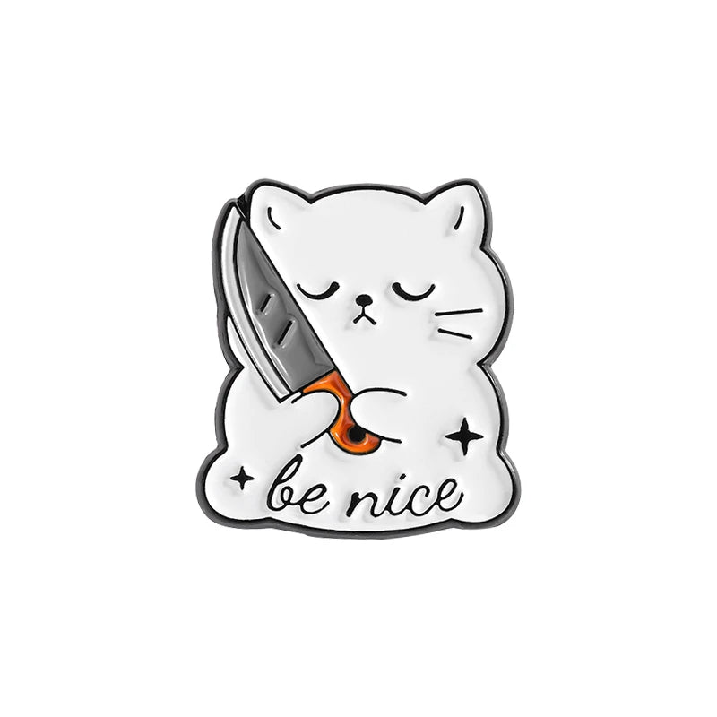 White Cat Holding Knife Enamel Pins Threatening Provoking Quotes Say That Again Brooch Bag Lapel Badge Jewelry Fans Gifts
