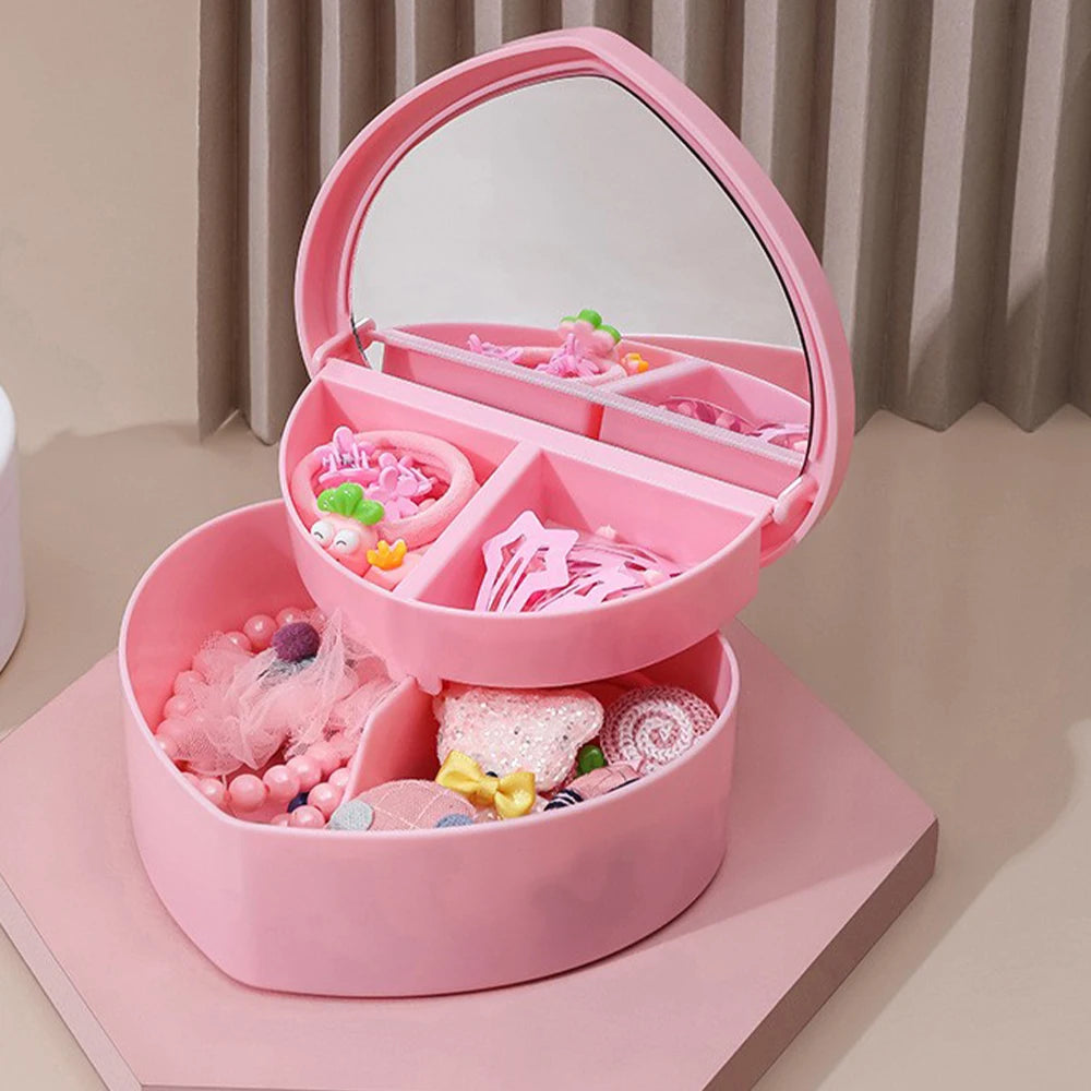 Hair Accessories Box Jewelry Storage With Mirror Pink Hair Clips Rubber Band Organiser For Girls Children Portable Travel Case
