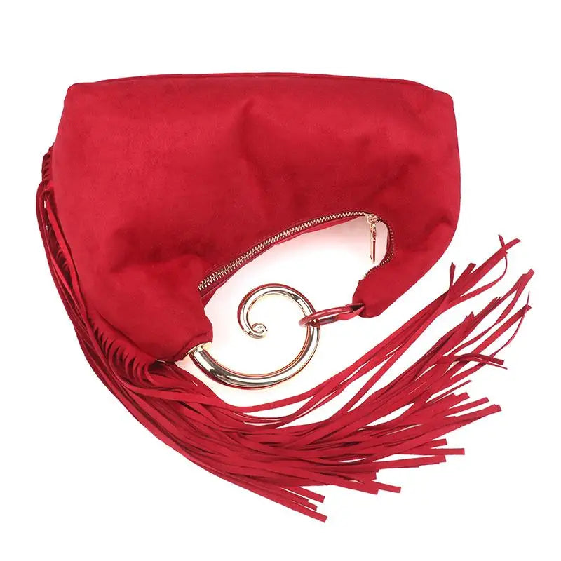 Trendy Vintage Evening Bags for Women, French Luxury Faux Suede Tassel Handbags with Durable Metal Handle