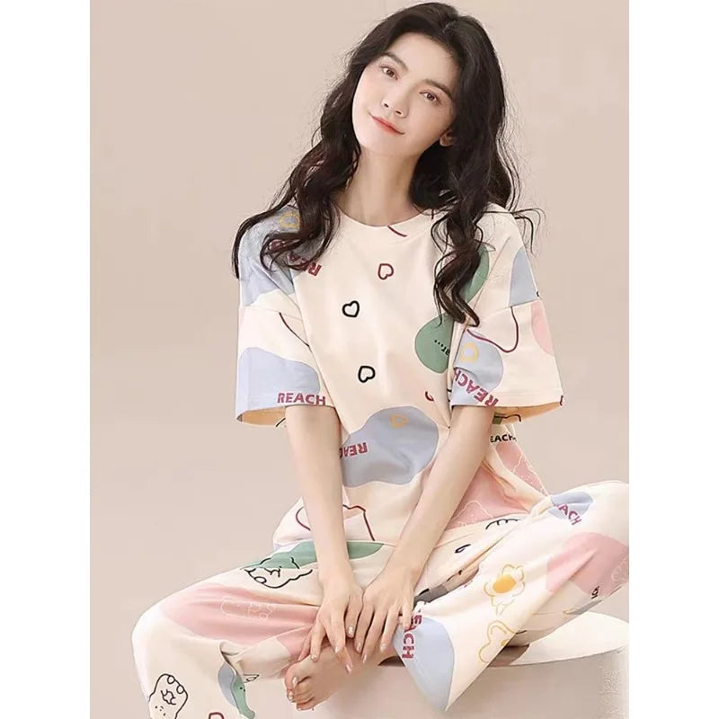 Pyjamas Set for Women‘s Short Sleeve Long Pants Student Casual Cartoon Bear Sweet Cuet Sleepwear Loungewear Romantic Nightwear