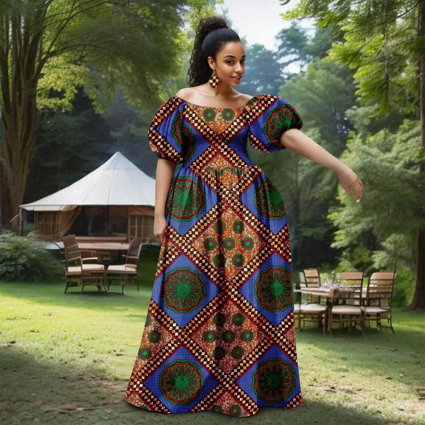 Afripride African Women's Dresses Sexy Strapless Bubble Sleeves With Same Color Earrings Women's Dresses 2525012
