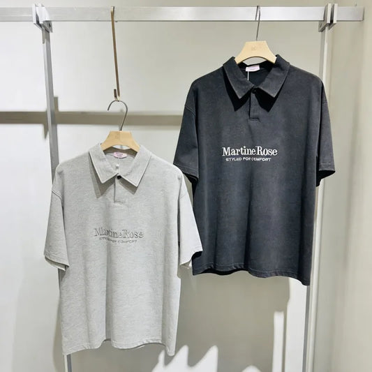 Summer Streetwear Embroidered Letter Logo Half Open Button Lapel Short Sleeve Tops Rose Tshirts Men Women Black Gray Outfit