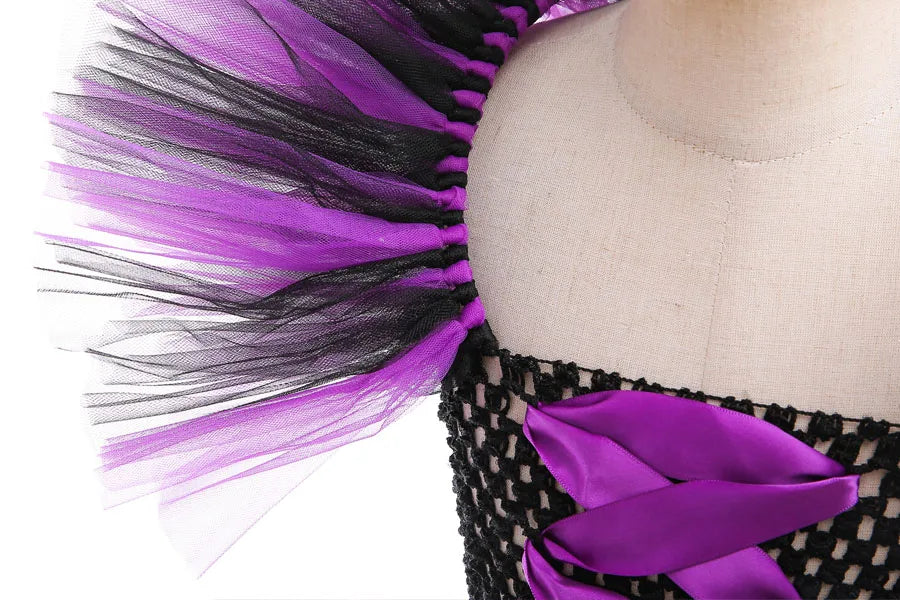 Halloween Costume For Kids Black Purple Witch Dress Luxury Lace Evil Role Playing Costume Maleficent Dress Up Outfit Tulle Dress
