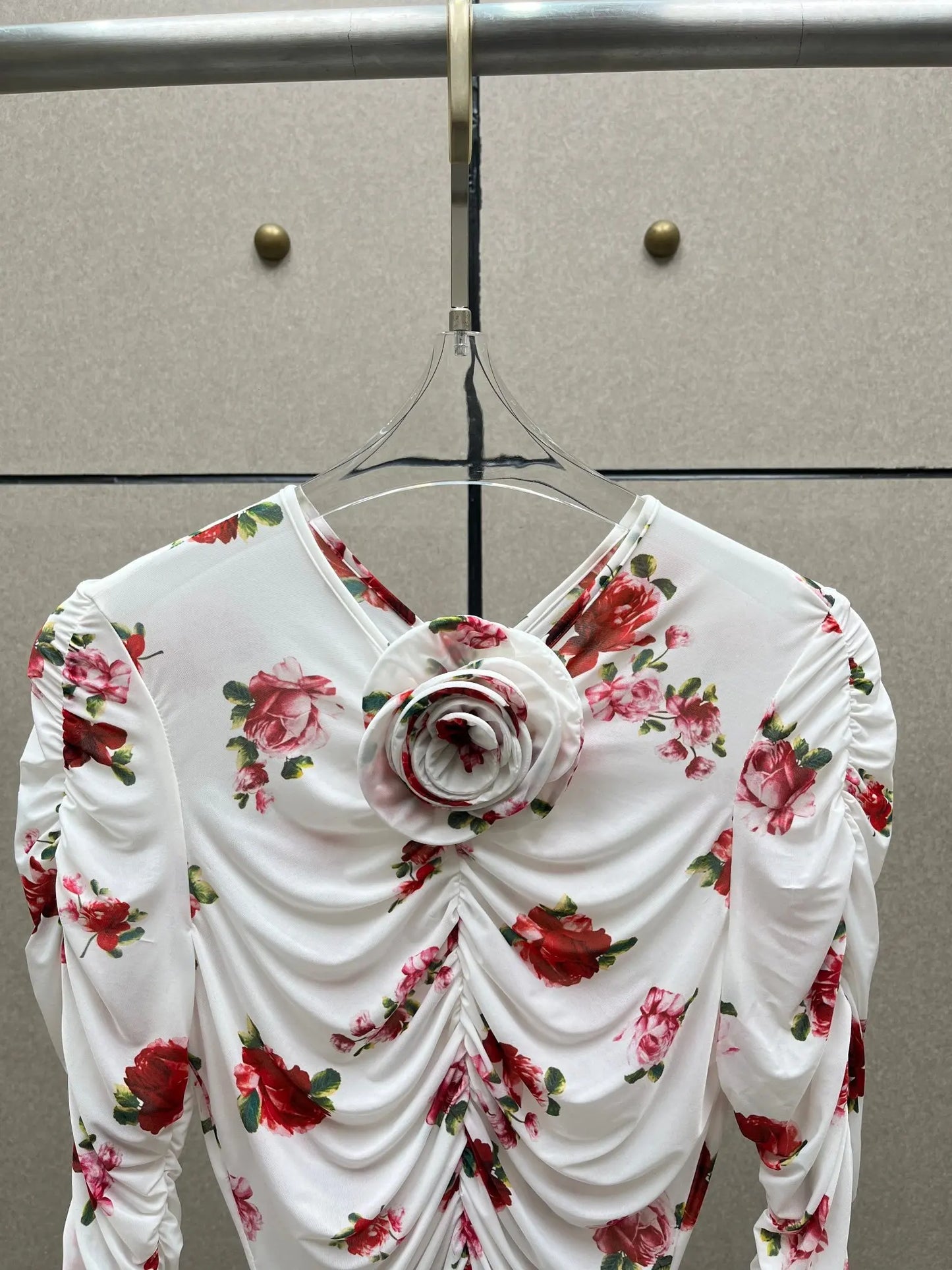 Handmade Floral Women's T Shirt Y2k Pleated Slim Temperament Elegant Round Neck Long Sleeve Blouse 2025 Early Spring New