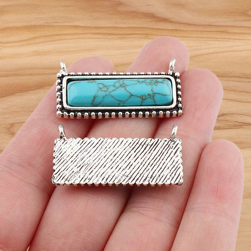 4 Pieces Tibetan Silver Color & Turquoise Crystal Hollow Charms Pendants For DIY Necklace Jewelry Making Accessories