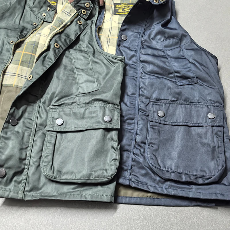 2026 Autumn Winter New American Retro Sleeveless Cargo Vest with Oil Wax Men's Multi-pockets Casual Heavyweight Waterproof Coat