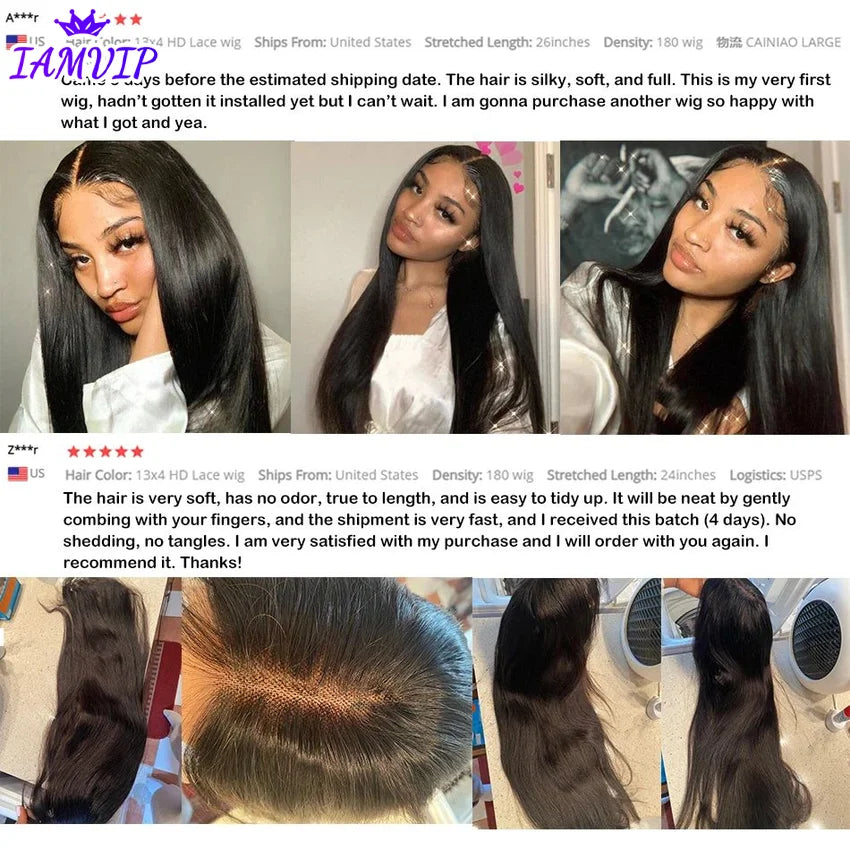 250% 360 Full Lace 13x6 HD Lace Frontal Wig for Women 13x4 Frant Silky Straight Remy Human Hair Dark Black Glueless Pre Plucked