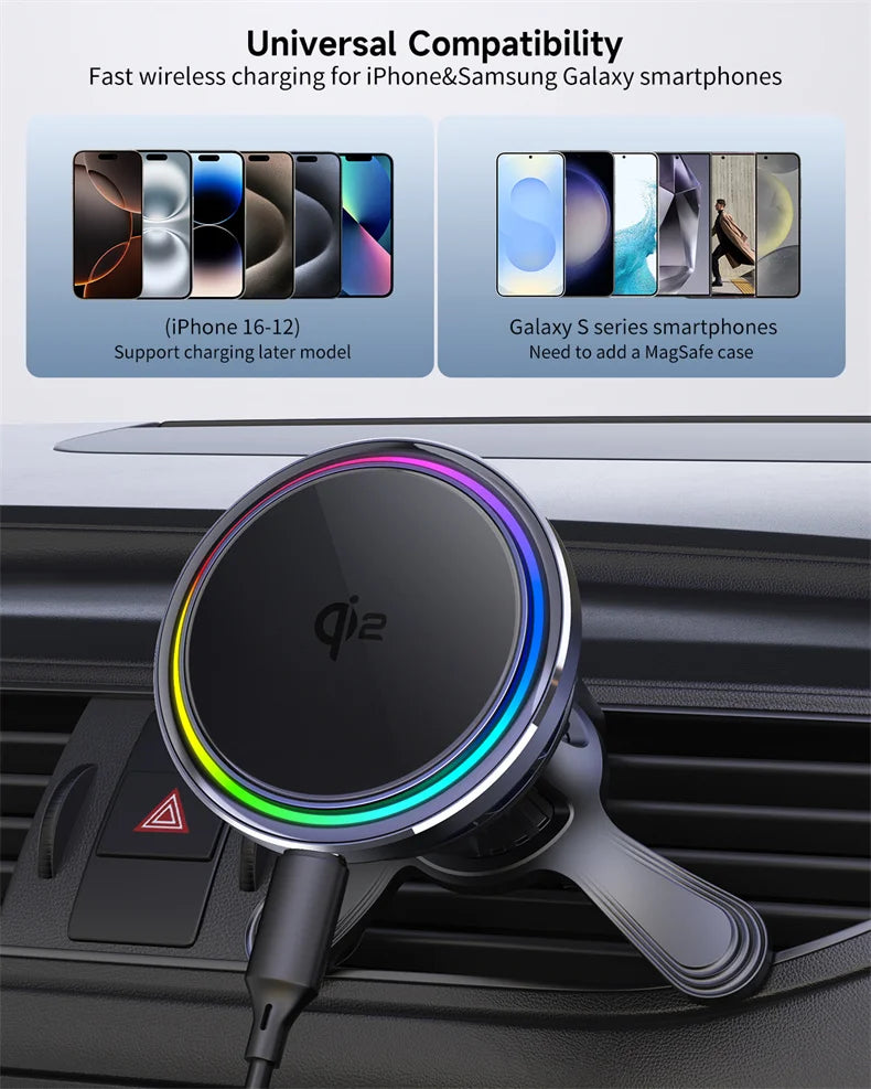 HaaYot QI2 Ice Cooling 25W Magnetic Wireless Car Charger RGB Fast Charging Car Phone Holder Stand For Magsafe iPhone 17 16 15 14