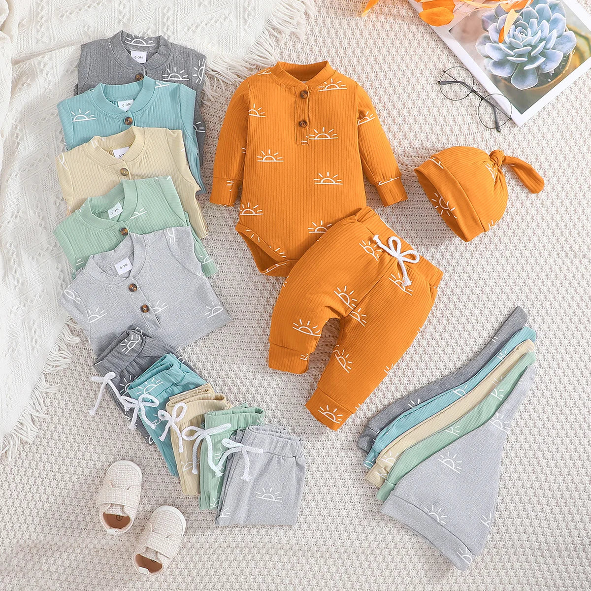 3PCS Baby Boys Clothes Set Spring Autumn Knitted V-neck Romper+infant Pants+hat Newborn Outfits , Newborn Clothing 0-18M