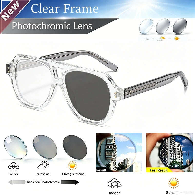 Pilot Dual Bridge Photochromic Reading Glasses Men Women Trendy Designer Prescription Optical Eyewear Customized Sunshade Lenses