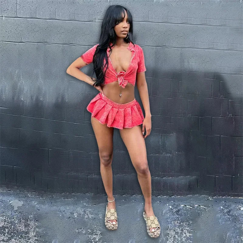 Streetwear Party Club Co Ord Sets for Women 2 Piece Set Outfit Summer Lace-up Crop Top and Mini Skirt Sets Conjuntos Para Vestir