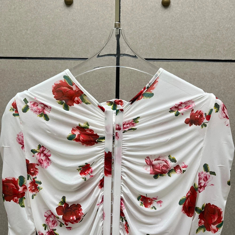 Handmade Floral Women's T Shirt Y2k Pleated Slim Temperament Elegant Round Neck Long Sleeve Blouse 2025 Early Spring New