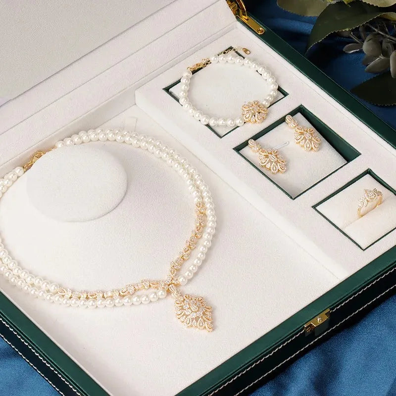 Gorgeous Double Layered Pearl Necklace for Women Cubic Zirconia 4PCS Jewelry Set Women Wedding Bridal Choker Accessories