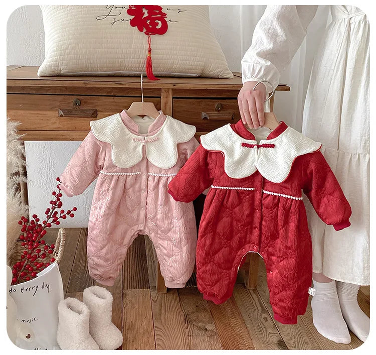 Baby Warm New Year Christmas Rompers 0-2 Year Old Korean Childrens Wear Winter Bodysuit Toddler Girls Sweetheart Outwear
