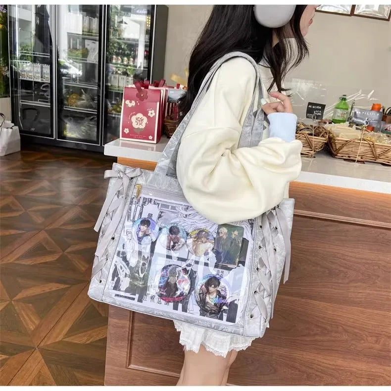 New Y2K Ribbon Bow Japanese Ita Shoulder Bag Cute Girl Transparent Pocket Large Capacity Crossbody Tote Bag DIY Display Handbags