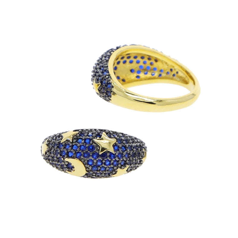 2025 Gold Color Rainbow Fashion Bling Moon Star Ring For Women Men Hip Hop Iced Out Paved Colorful Neon Enamel Luxury Jewelry