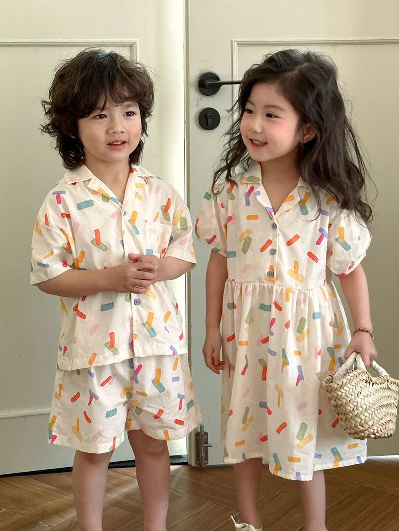 2025 New Vacation Style Cotton Kids' Summer Clothing Set Girls Sundress for 80 - 150cm Boys and Girls Sibling Outfits