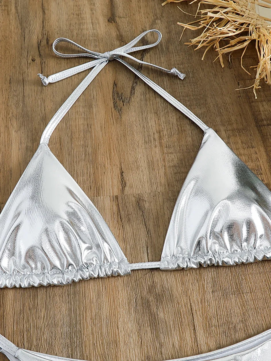 Sexy Metallic Halter Bikinis Sets Lace Up Triangle Tie Side Bikini 2026 Swimsuit Women Swimwear Brazilian Female Bathing Suits