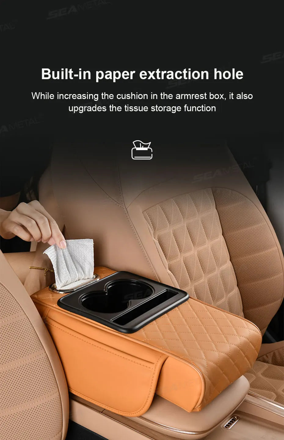 SEAMETAL 7cm Thicken Car Armrest Cushion All in 1 Center Console Arm Rest Cushion with Tissue Holder Elbow Support Car Organizer
