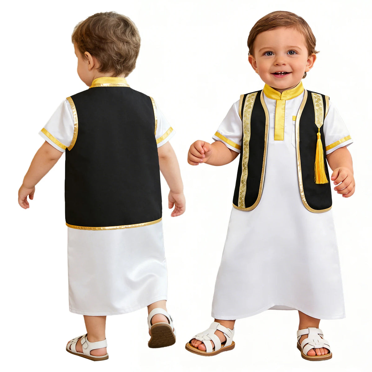 Muslim Baby Boys Robe Ramadan Eid Abaya Set Metallic Trim Arabic Islamic Kaftan Thobe Satin Gown with Open Front Tassel Vest