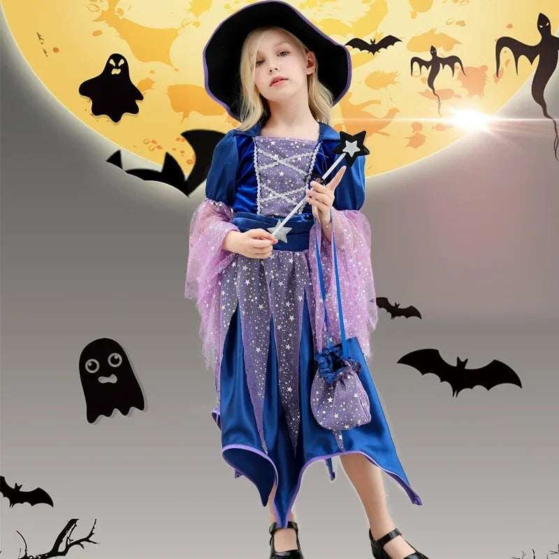 Halloween Party Costumes Witch Dress for Girls Kids Carnival Witch Costume Cosplay Dress Bag Hat Wand Suit