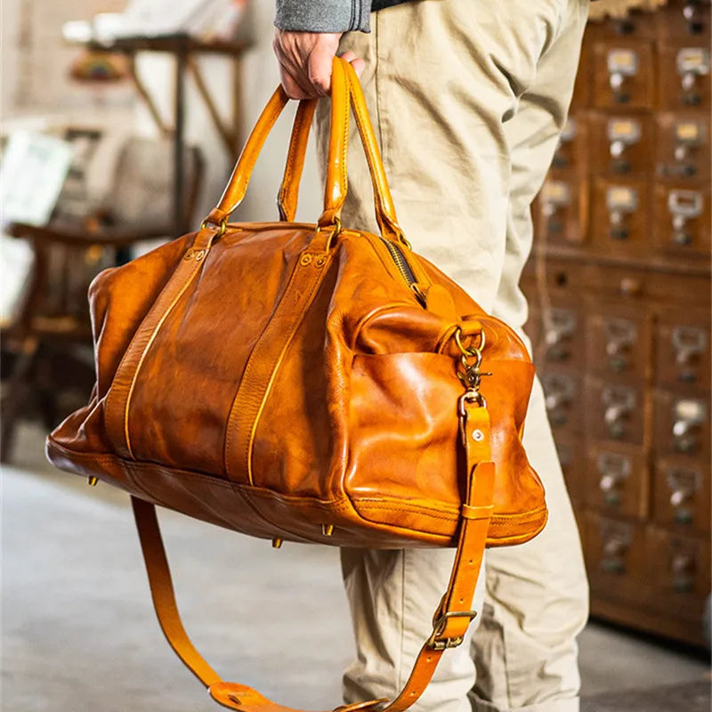 Vintage fashion luxury genuine leather men's travel bag outdoor weekend large capacity crossbody bag real cowhide women handbag