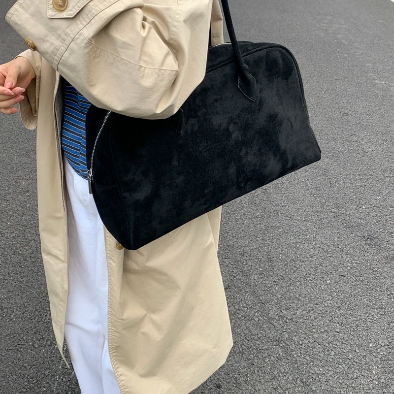 Vintage Women Business Shoulder Bags Simple Ladies Commute Tote Bag Suede Leather Female Underarm Bag Burgundy Large Handbags