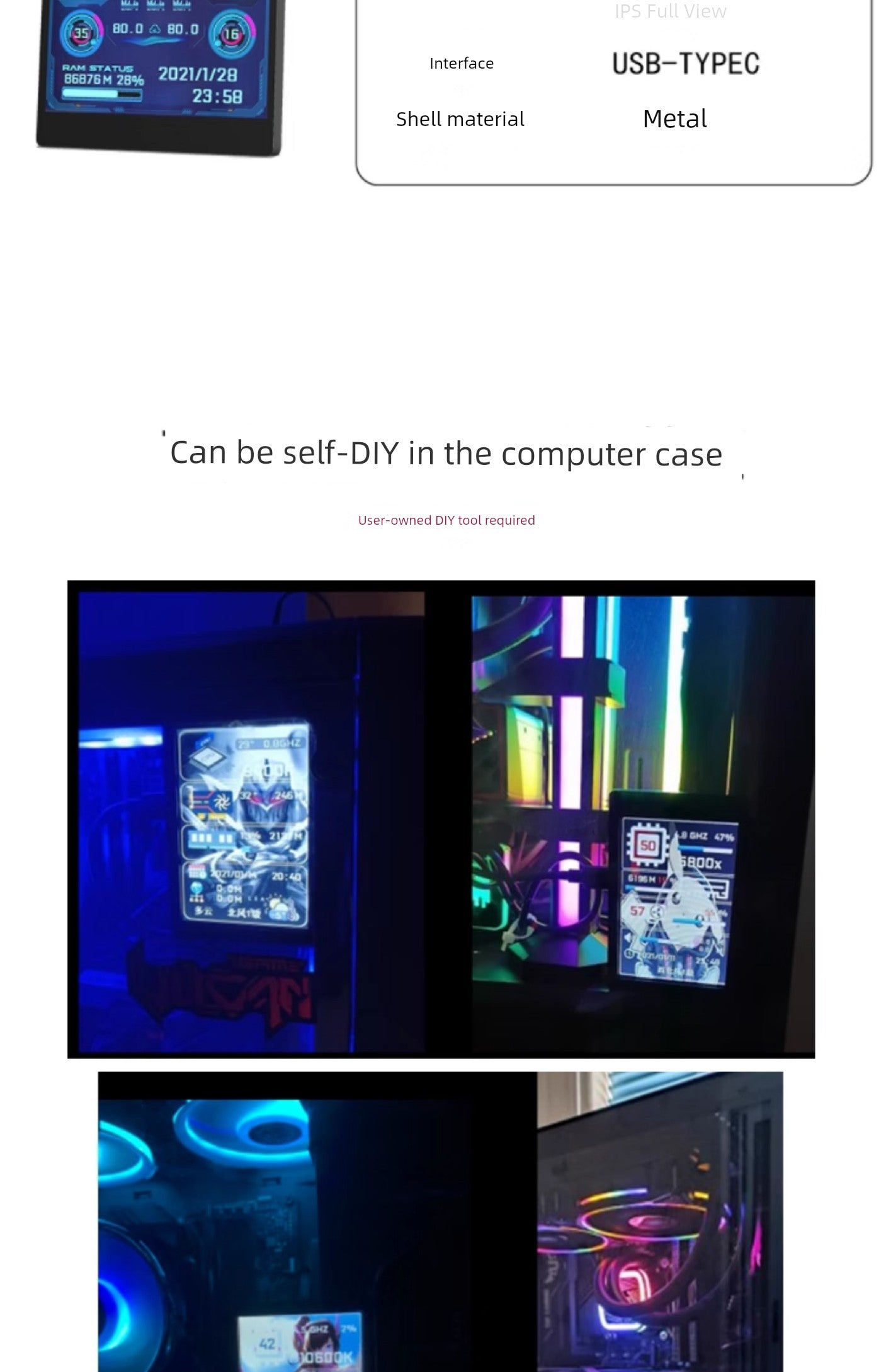 3.5-Inch Computer Sub-Screen IPs Full View USB-C Chassis Sub-Screen Computer Status Monitoring Installation-Free Aida64