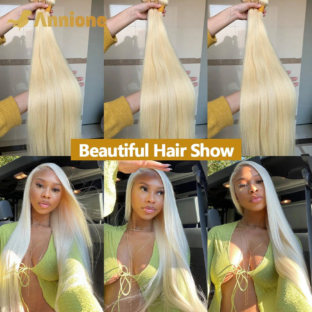 Annione 613 Human Hair Bundles 12A Straight Human Hair Bundles Raw Human Hair 100% Blonde 3/4 Bundles Hair Extensions For Women