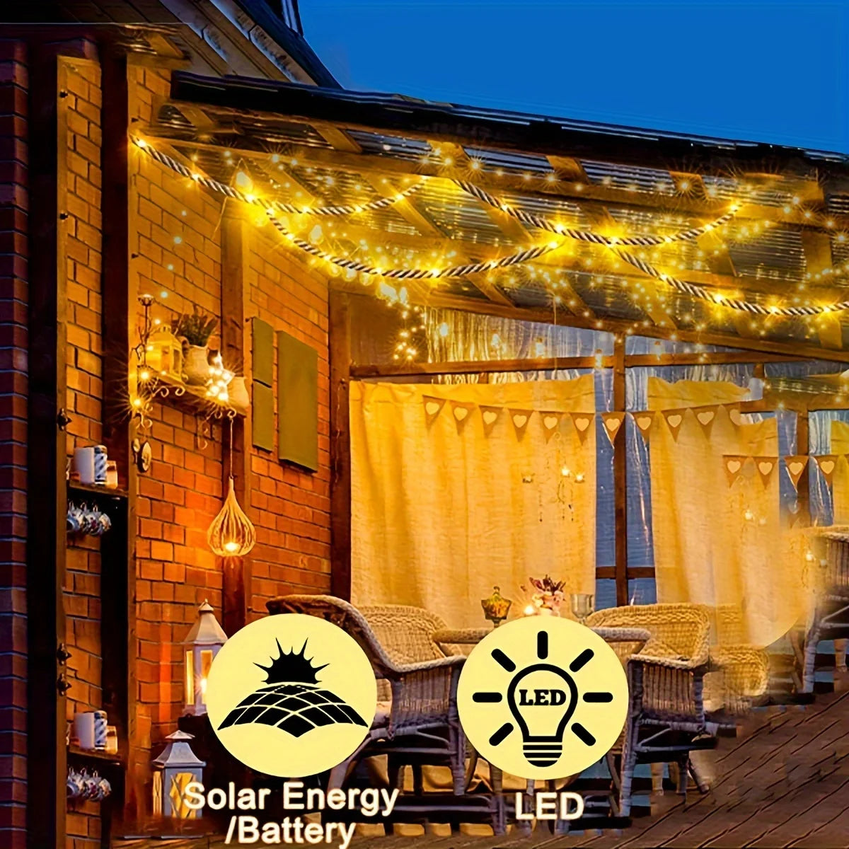 100/200 LEDS Outdoor Solar Retro Hemp Rope Light 8 Lighting Mode Warm White Copper Wire Light for Yard Garden Balcony Decor Lamp