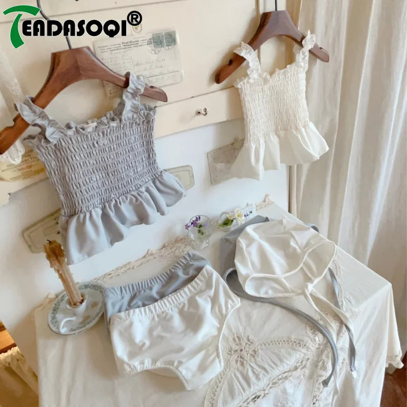 2024 Summer Newborn Infant Suit Kids Swimsuits Baby Girls Solid Color Suspenders Pleated Swim Dress+Shorts+Hat Todder 3Pcs Set